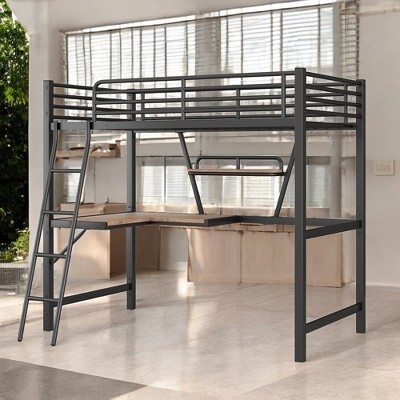 Alilang 78.00 Inch Metal Loft Bed with Integrated Desk and Shelving in Black Finish - Black