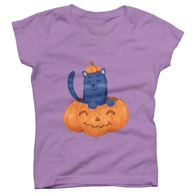 Girl's Design By Humans Halloween Cat In A Pumpkin By wubbadub T-Shirt