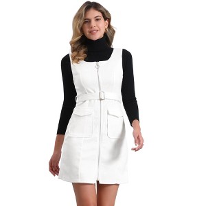 INSPIRE CHIC Women's Faux Suede Round Neck Zipper Sleeveless Tie Waist Pinafore Dress - 1 of 4