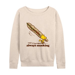 Women's - Peanuts - Always Snacking Lightweight French Terry Wide Neck Long Sleeve Shirt - 1 of 4