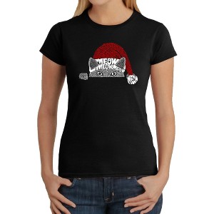LA Pop Art Christmas Peeking Cat - Women's Word Art T-Shirt - 1 of 4