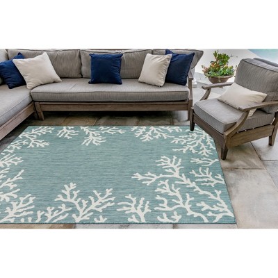 Aqua and White Synthetic Round Flat Woven Rug
