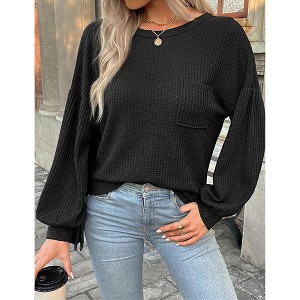 Women's Long Sleeve Knit Top Back Cutout Side Pocket Round Neck Casual Loose Sweater Tops - 1 of 3