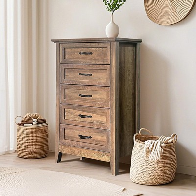 5 Drawer Vintage Wood Dresser, Tall Chest for Closet and Bedroom, Storage Organizer for Living Room, Nursery, Hallway, Kids Room