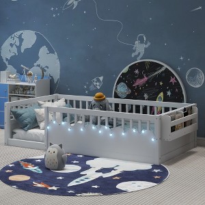 Twin Size Floor Bed Frame with High Rails, Light and Storage Shelf - 1 of 4