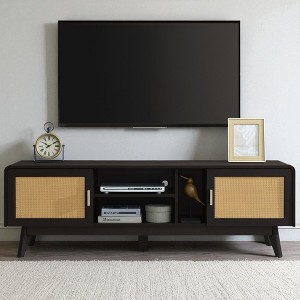 63'' Dark Rattan TV Stand with 2 Cabinets for 65 Inch TV, Entertainment Center with Solid Wood Legs, Media Console for Living Room, Bedroom - 1 of 4