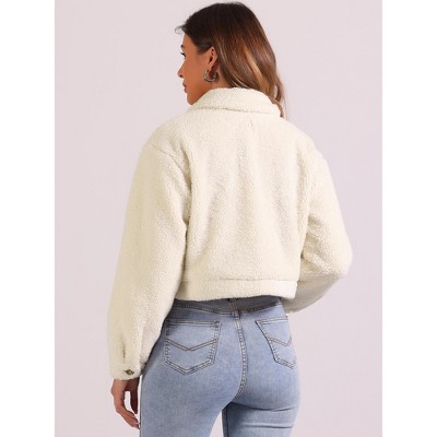 Allegra K Women's Lapel Faux Fur Button Down Long Sleeve Casual Short Jackets Medium Beige — фото 3