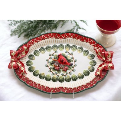 Hand Painted Ceramic Holiday Cardinal Oval Platter