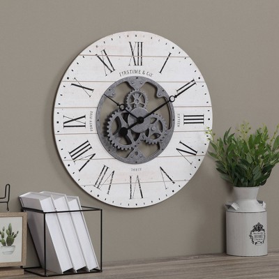 24" Shiplap Gears Wall Clock Whitewashed Wood - FirsTime