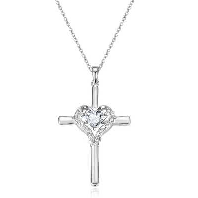 Molenia Cross Birthstone Necklace for Women, 18K White Gold Plated Sterling Silver Heart Angel Wings Guardian Faith Religious Birthday Gift