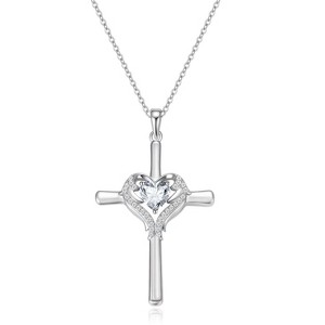 Molenia Cross Birthstone Necklace for Women, 18K White Gold Plated Sterling Silver Heart Angel Wings Guardian Faith Religious Birthday Gift - 1 of 4