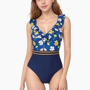 Anna-Kaci Swim Women's Ruffle One-Piece Swimsuit with Floral Print Bodice and Striped Waistband Detail - 1 of 4