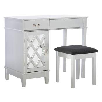 Glam Flip-up Mirror 1 Door Cabinet 1 Drawer Mirror and Wood Vanity and Stool Silver Lattice - Linon