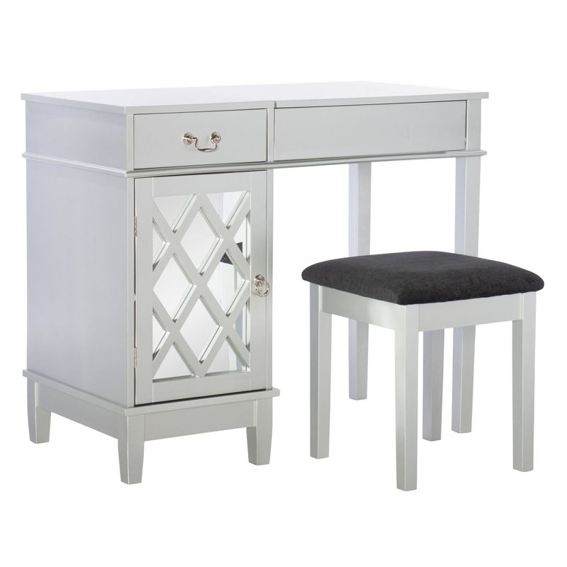 Glam Flip-up Mirror 1 Door Cabinet 1 Drawer Mirror and Wood Vanity and Stool Silver Lattice - Linon, 1 of 17