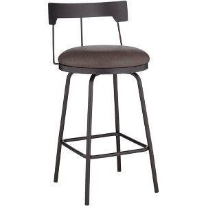 Elm Lane Maxwell Metal Swivel Bar Stool Matte Black 26" High Rustic Brown Leather Round Cushion with Low Backrest Footrest for Kitchen Counter Height - 1 of 4