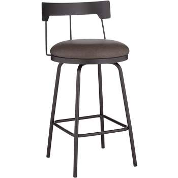 Elm Lane Maxwell Metal Swivel Bar Stool Matte Black 26" High Rustic Brown Leather Round Cushion with Low Backrest Footrest for Kitchen Counter Height