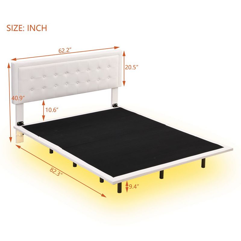 Queen Size Floating Bed Frame With Motion Activated Night Lights, Modern PU Upholstered Button Tufted Platform Bed Frame, 3 of 8
