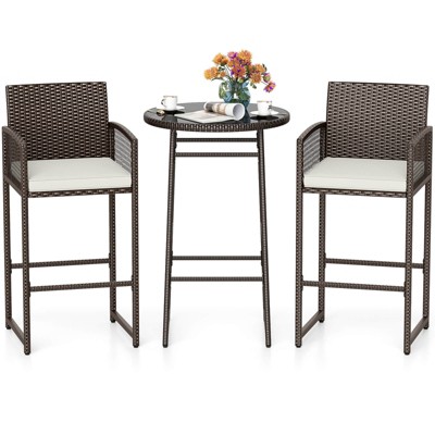 Costway 3 Piece Wicker Patio Bar Set with 2 Seat Cushions Glass Tabletop for Backyard