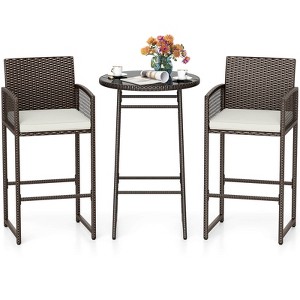 Costway 3 Piece Wicker Patio Bar Set with 2 Seat Cushions Glass Tabletop for Backyard - 1 of 2