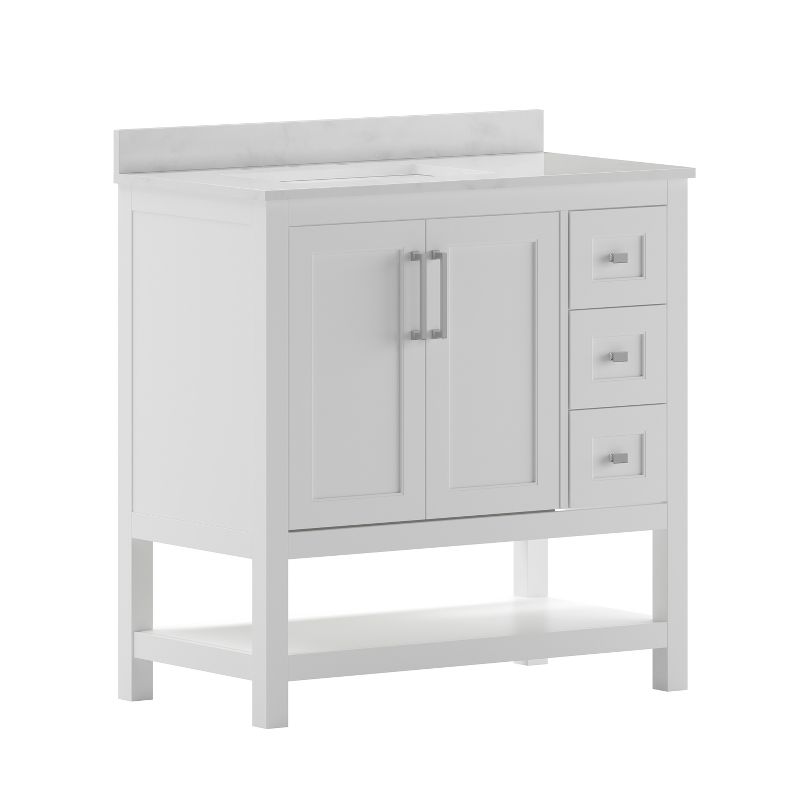 Merrick Lane Bathroom Vanity with Ceramic Sink, Carrara Marble Finish Countertop, Storage Cabinet with Soft Close Doors, Open Shelf and 3 Drawers, 1 of 13