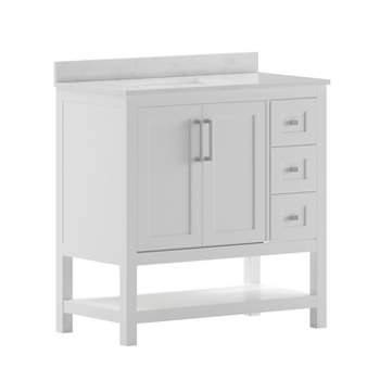 Merrick Lane Bathroom Vanity with Ceramic Sink, Carrara Marble Finish Countertop, Storage Cabinet with Soft Close Doors, Open Shelf and 3 Drawers