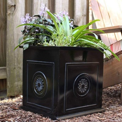 Glossy Black Square Resin Planter with Floral Medallions, 16"