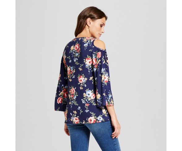 Women's Long Sleeve Floral Printed Cold Shoulder V-Neck Top - Como Black Blue Floral S