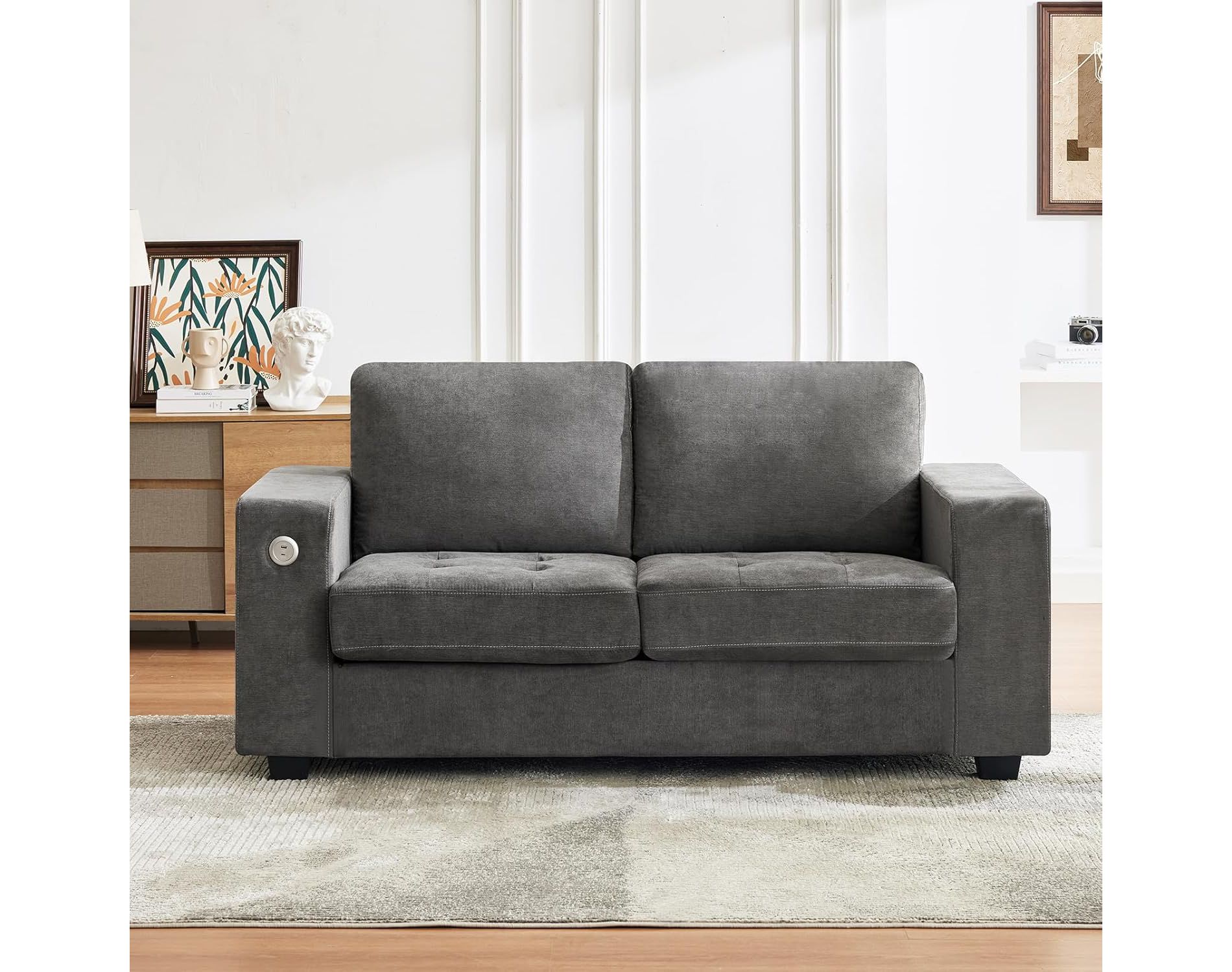 70" Chenille Loveseat Sofa with USB Charging – Modern Sectional w/Storage Pockets & Removable Cover for Living Room, Apartment, Gray