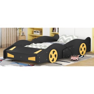 Gulches Black+Yellow Twin Size Race Car-Shaped Platform Bed with Wheels and Storage - 1 of 4