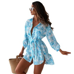 Womens Shirt Dress with Waist Belts Side Slit Boyfriends Style Button Down Shirts Longline Stripe Shirts Floral Tops - 1 of 3