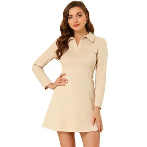 INSPIRE CHIC Women's Regular Fit Faux Suede Lapel Neck Long Sleeve Elegant A-Line Mini Dress - 1 of 4