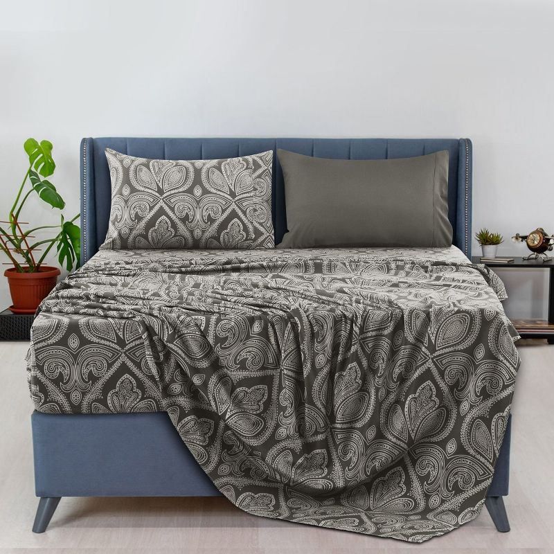 6 Piece Sheet Sets Paisley Printed Sheets Set Ultra Soft Deep Pocket Microfiber Bed Sheets - Lux Decor Collection, 5 of 6