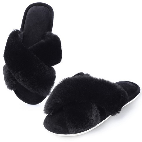 Fuzzy Cross Band Slippers Soft Plush Furry Fur House Shoes Open Toe Cozy Indoor Outdoor Slides for Women