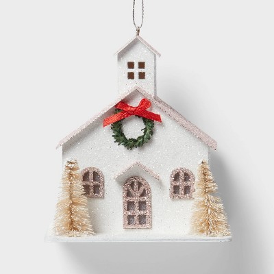 Glittered Paper Church with Bottle Brush Trees Christmas Tree Ornament White - Wondershop™