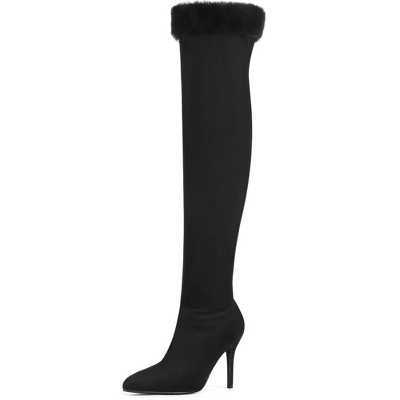 BLISSFUL STEP Women's Faux Fur High Heels Pointed Toe Fluffy Over the Knee High Boots