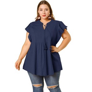 Agnes Orinda Women's Plus Size Cotton Flutter Sleeve Drawstring Flowy Summer Split V Neck Blouse - 1 of 4