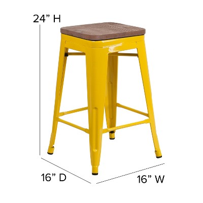 Yellow Backless Metal Dining Stool with Wooden Seat, 25"