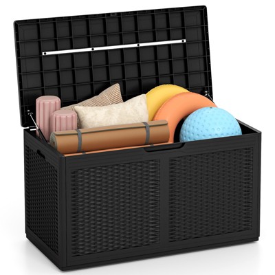 Tangkula 103 Gallon Resin Outdoor Storage Box Waterproof Deck Box w/ Lockable Lid & Wheels Brown/Black/Grey
