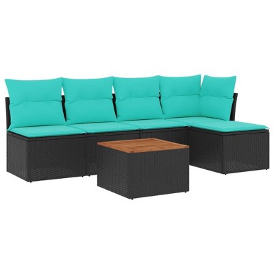 vidaXL 6 Piece Patio Sofa Set with Cushions Black Poly Rattan - Black and Blue
