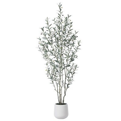 DR.Planzen Fake Plastic Olive Tree with Oval White Planter, Pre Potted Faux Greenry Plant With Encrypted branch and Artificial Fruits for Home Decor