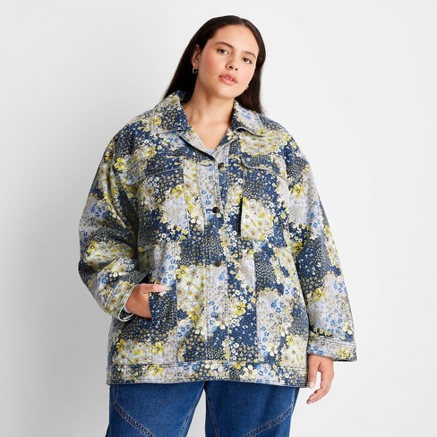 Blue Floral Print Puffer Jacket