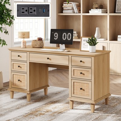 Brafabhome 58" Rattan Executive Desk with 7 Drawers, Modern Study Writing Table Computer Desks with Charging Station for Home Office Bedroom | Beige