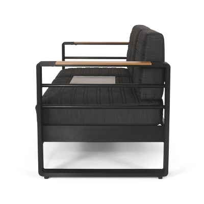 Black Aluminum and Wood Outdoor 3-Seater Sofa with Dark Gray Cushions