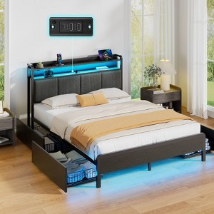 Greenstell Full Size Bed Frame with RGB LED Lights & Charging Station, Upholstered Headboard with 4 Storage Drawers, Heavy Duty Metal Slats, Grey - 1 of 4