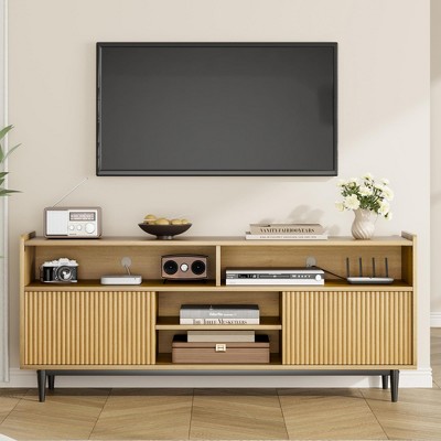 Whizmax Wood TV Stand, Boho Entertainment Center with Storage and Fluted Sliding Doors for Living Room Bedroom