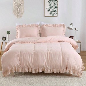Pink Ruffle Queen Duvet Cover Set, 3PCS Soft Microfiber Vintage French Country, 90x90 In - 1 of 4