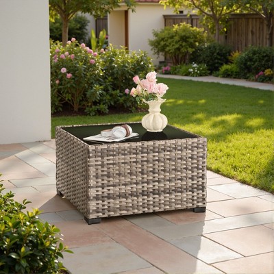 XIZZI Outdoor Coffee Table with Umbrella Base Insert, All-Weather Wicker Patio Table with Center Umbrella Hole, Square Umbrella Table, Gray 2