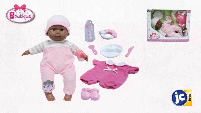JC Toys Berenguer Boutique - 10 Piece Gift Set with Pink 15&#34; Realistic Soft Body Baby Doll - Open/Close Brown Eyes, 2 of 10, play video