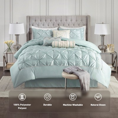 7 Pcs Faux Silk Bedding Set, Solid Color RIAB Royal Style Comforter Set, Tufted Dimensional Design Smooth Edge Comforter with Matching Pillow Cases
