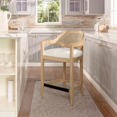Ivory White Bouclé 26" Cane Back Counter Stool with Oak Frame